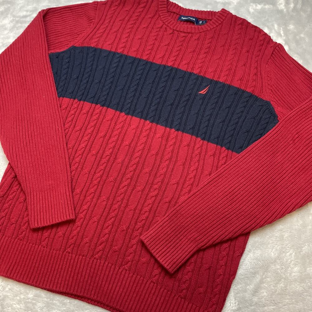 Nautica Mens Sweater M Red Navy 100% Cotton Cable Knit Crew Neck Colorblock‎ 90s